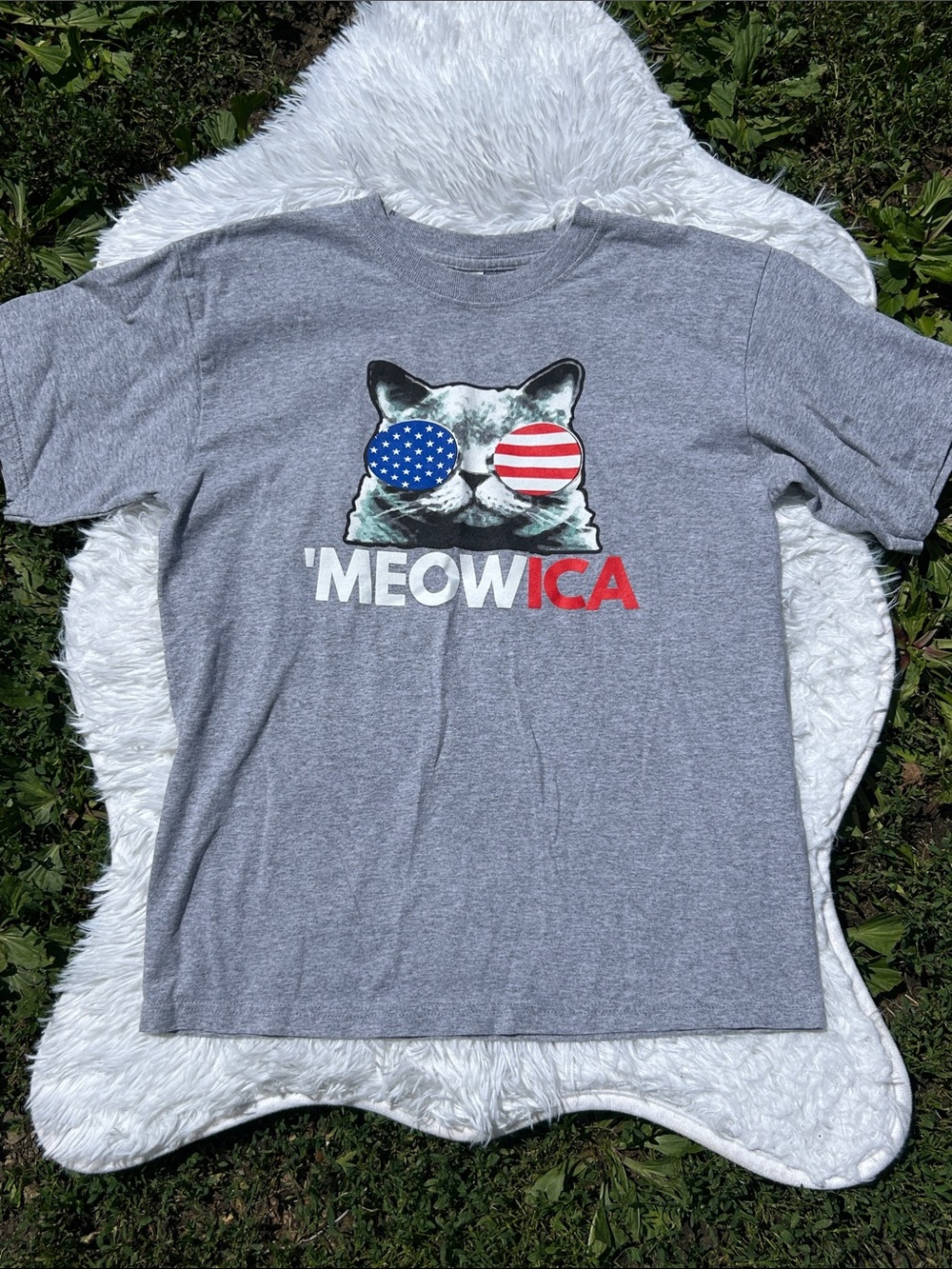 🩶5/$30 Gray 'MEOWICA' Cat Graphic Tee with Patriotic Sunglasses Kids Size Large